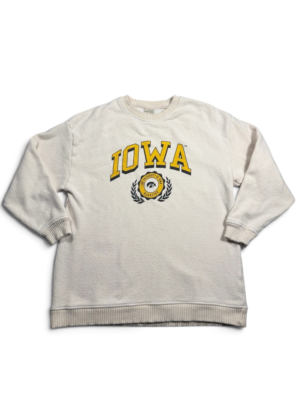 Vintage Style Large Iowa Crewneck Sweatshirt Cream White Yellow Hawkeye Cozy